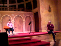 Guitar leyend Pepe Romero speaks with  9 year old Jimena Rodriguez during a masterclass